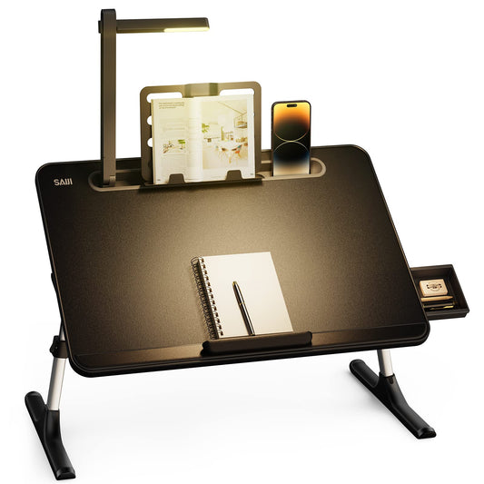 SAIJI Bett Laptoptisch – Höhen-/Winkelverstellbar, LED Lampe. Rechteckige Platte mit klappbaren Beinen für ergonomisches Arbeiten im Bett.
