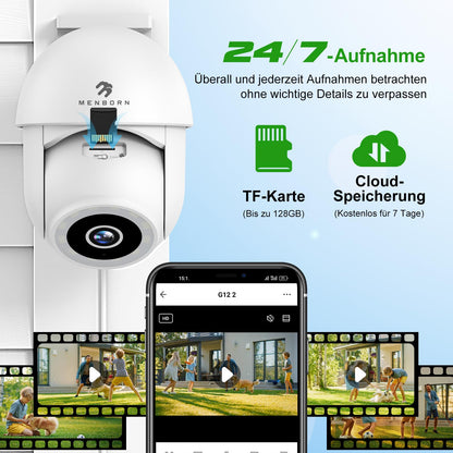 Menborn 2.5K Aussen IP Kamera – WLAN 360° Flutlicht Nachtsicht
