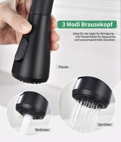 Baollansa Küchenarmatur BJQ2006 ausziehbar, 3 Strahlarten, schwarz