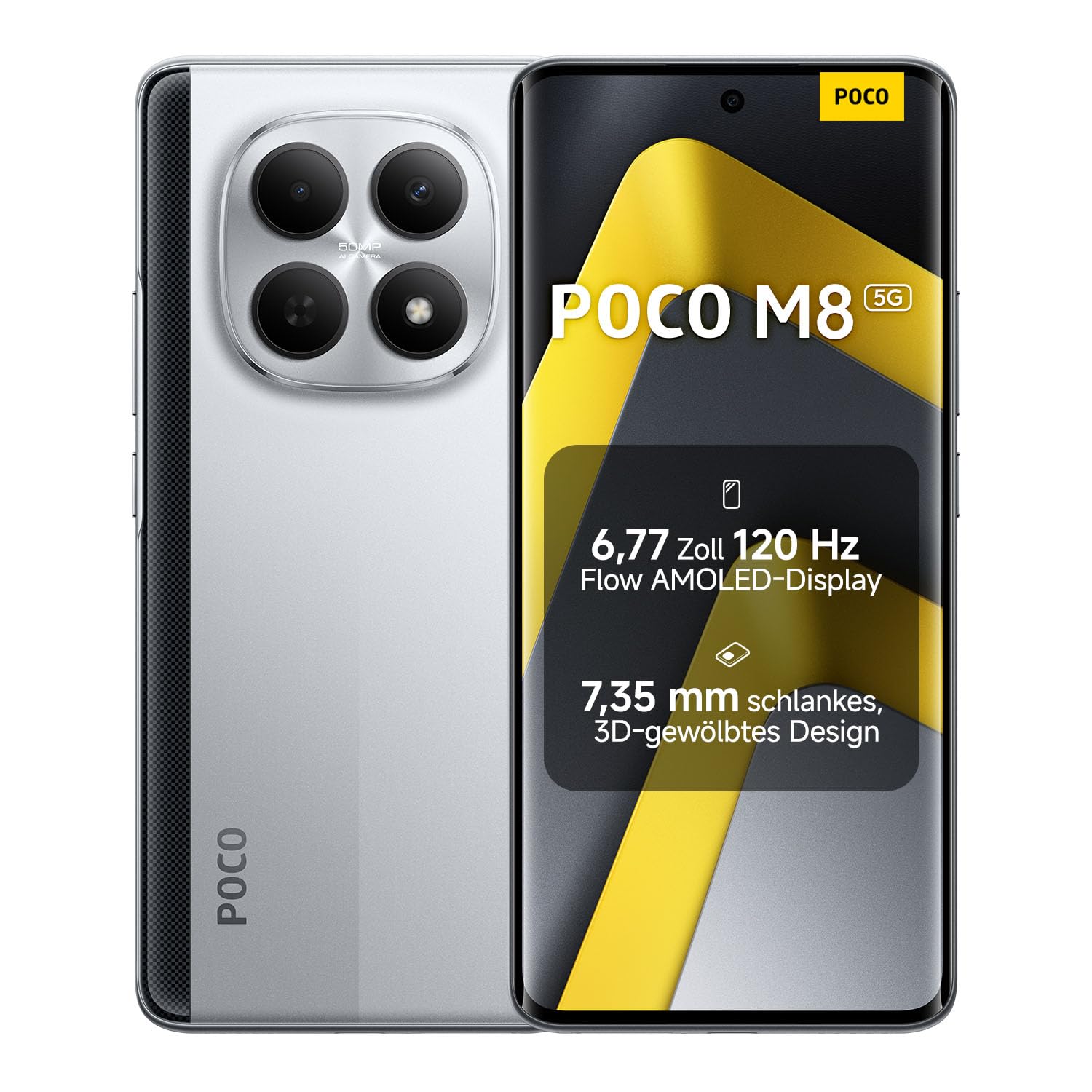 XIAOMI Poco M8 5G Smartphone, 8 GB RAM + 256 GB, Silber mit 6,77-Zoll-AMOLED-Display und 50-MP-Dual-Kamera