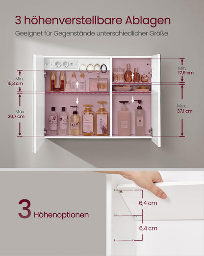 VASAGLE Kailyn Spiegelschrank mit LED-Beleuchtung, weiss, BBK134W01