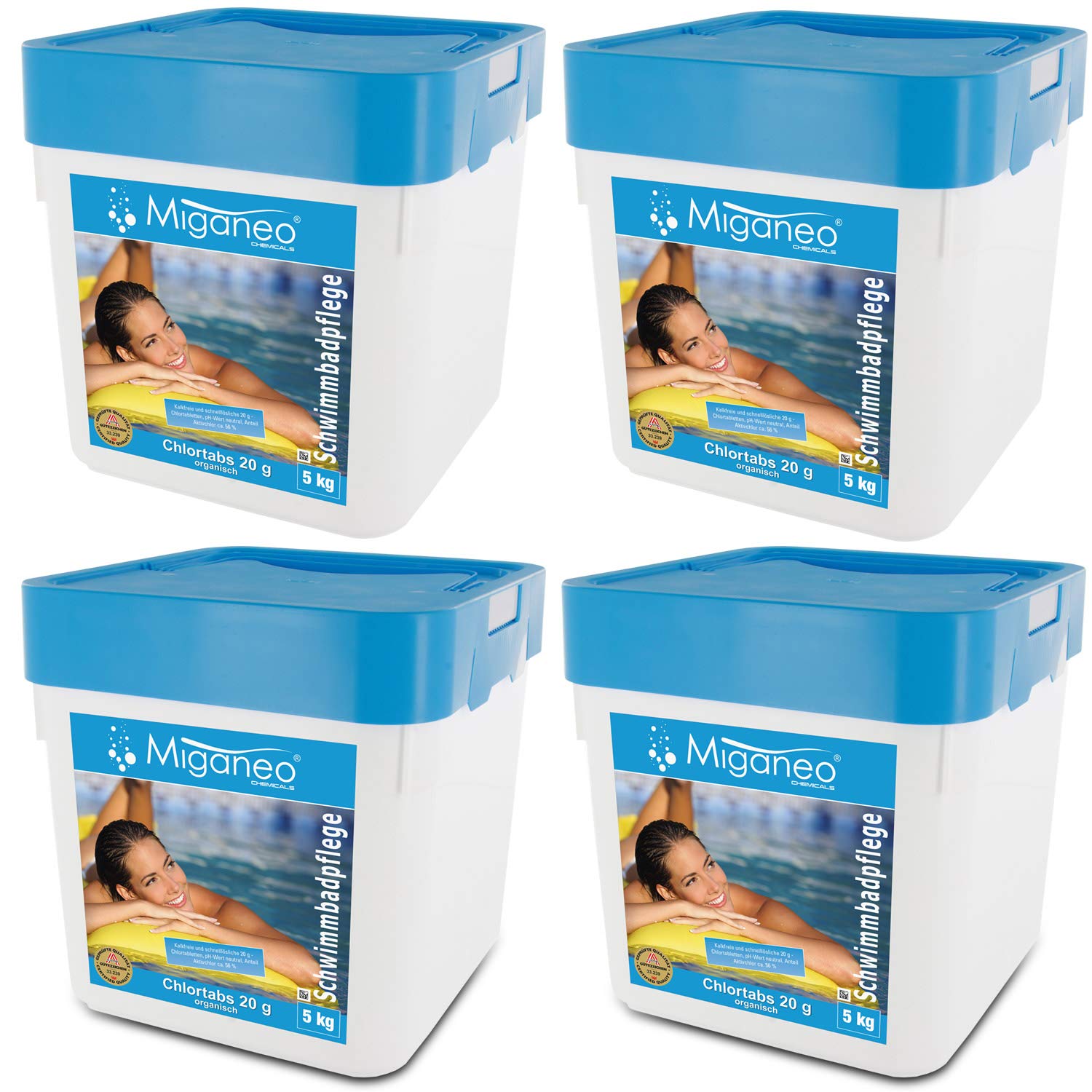 Miganeo Chlortabletten 20g Langsamlöslich für Pools - 20 kg. Weiße, runde Tabletten zur Desinfektion von Poolwasser.