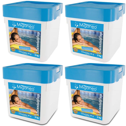 Miganeo Chlortabletten 20g Langsamlöslich für Pools - 20 kg. Weiße, runde Tabletten zur Desinfektion von Poolwasser.