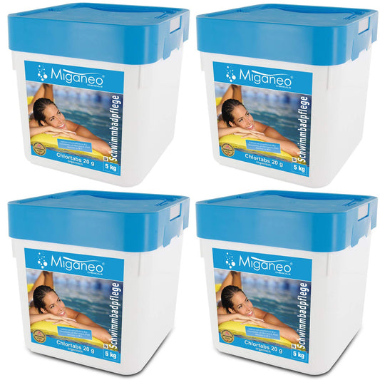 Miganeo Chlortabletten 20g Langsamlöslich für Pools - 20 kg. Weiße, runde Tabletten zur Desinfektion von Poolwasser.