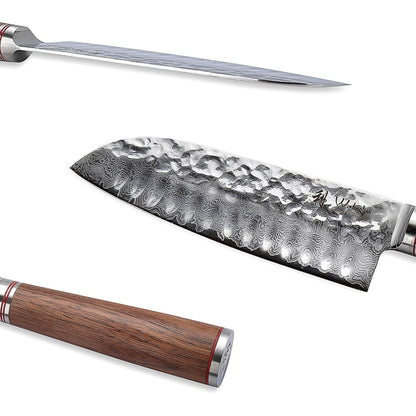 Wakoli Damast Santoku Messer 17.5 cm – Nussbaum Hammerschlag