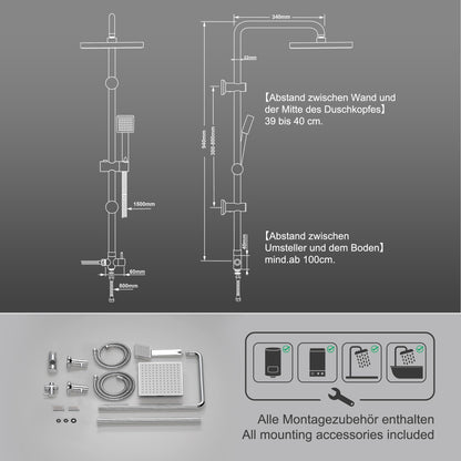 JOHO Duschsystem Edelstahl Überkopfbrauseset 20x20 cm, Chrom