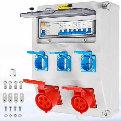 Warmfay Wandverteiler Baustromverteiler 3x 230V CEE 16A/32A FI/LS IP67. Graues Gehäuse, sichert Baustellen-Strom mit FI/LS Personenschutz (IP67).