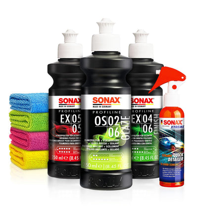 Shiny Freaks Politur Set mit Sonax ExCut und Ceramic Spray, 8-teilig – Lackkorrektur und Versiegelung