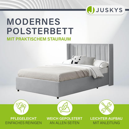 Juskys Polsterbett Savona 120x200 cm mit Stauraum Hellgrau