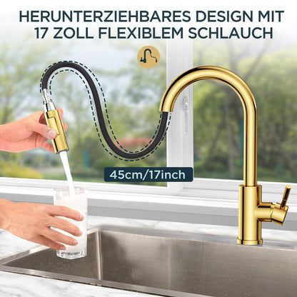 FORIOUS Küchenarmatur Hoher Bogen Ausziehbar – Gebürstetes Gold