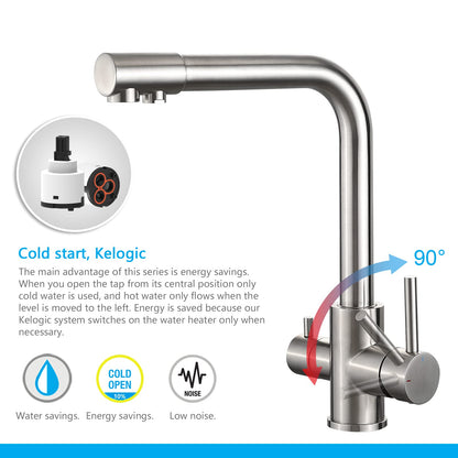 SwissAqua 3-Wege Küchenarmatur Trinkwasser Edelstahl Gebürstet