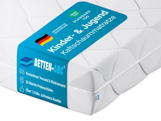 Betten-ABC Kinder & Jugend Matratze 140x200 cm - Oeko-TEX Waschbezug, rechteckig, weiß, für Schlafunterstützung.