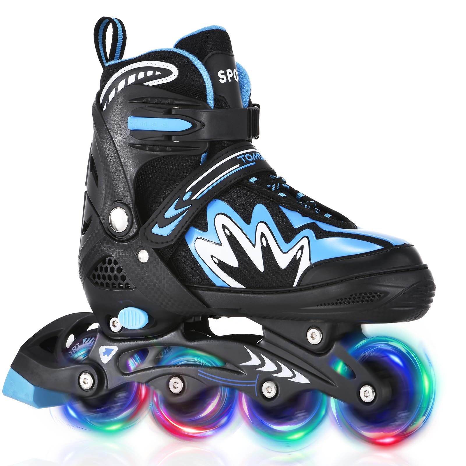 TOMSHOO Inline Skates, verstellbar, LED-Rollen, Blau, Grösse M – Hartschale und Ratschenschnallen