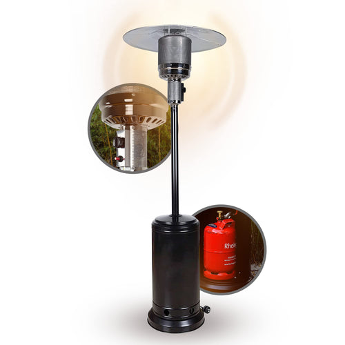 APANA Bellamente ONE 14kW Outdoor Gas-Heizpilz – Schwarz. Schwarzer Heizpilz heizt den Außenbereich effektiv.