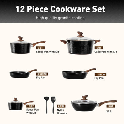 DishDelight Induktion Topfset 12-tlg. Kochgeschirr-Set Granit Schwarz