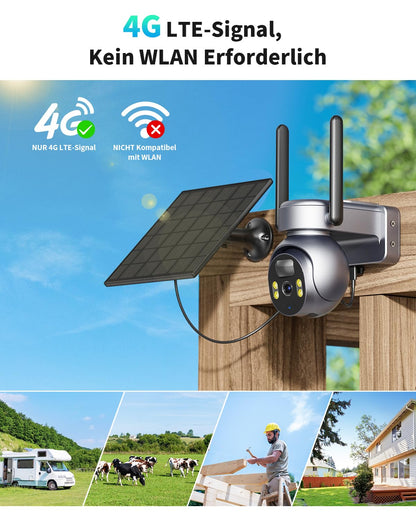 SEHMUA 4G LTE Solar Überwachungskamera Aussen 2K PTZ IP66