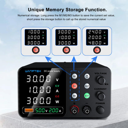 WANPTEK POWER Labornetzteil 30V 10A Labornetzgerät mit 3-Speicher und Sperrschlüssel, Netzgerät Regelbar mit OCP-Schutz/Ausgänge/USB-Schnellladung / 4-stellige LED-Anzeige