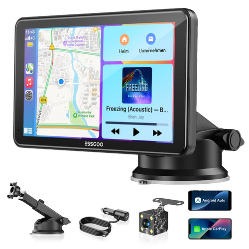 ESSGOO CarPlay Display 7 Zoll, Android Auto, Bluetooth, Rückfahrkamera mit Touchscreen und Saugnapfhalterung