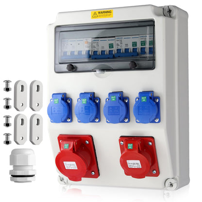 EYPINS Baustromverteiler IP66 mit LS + FI, 4x Schuko + 2x CEE, Wandverteiler aus flammhemmendem ABS