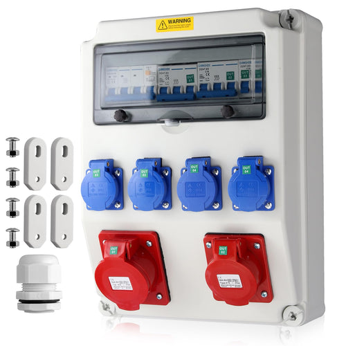 EYPINS Baustromverteiler IP66 mit LS + FI, 4x Schuko + 2x CEE, Wandverteiler aus flammhemmendem ABS