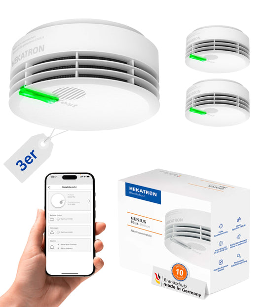 Hekatron Genius Plus Rauchmelder, rund und weiß. Erkennt Brandrauch zuverlässig und warnt frühzeitig vor Feuer.