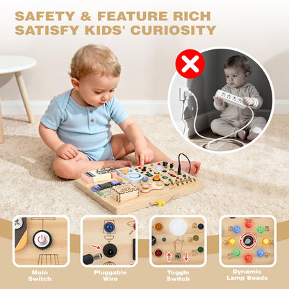 Joyreal Montessori Busy Board aus Holz, Motorikspielzeug mit 20 LEDs