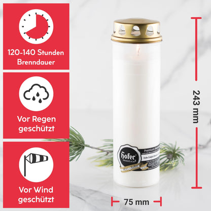Hofer Friedlicht Grabkerzen mit Deckel, weiss, 12er Set, 120-140 Std.