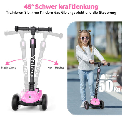 YOLEO Kinderroller Dreiradscooter, 4-fach höhenverstellbar, Rosa