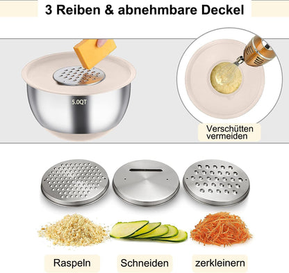 Terlulu Rührschüssel Set Edelstahl, 6-teilig mit Deckel, Khaki