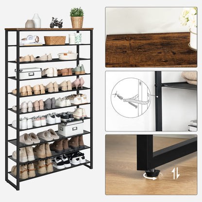 HOOBRO EBF171XJ01 Schuhregal – 10 Ebenen Vintagebraun-Schwarz