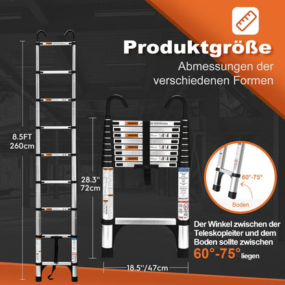 HBTower 2.6m Teleskopleiter Aluminium mit Haken - Silber