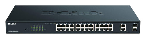 D-Link DGS-1100-26MPV2 26-Port Gigabit Max PoE Smart Switch. Schwarzer, rechteckiger Switch. Verbindet und speist Netzwerkgeräte mit Gigabit und PoE.