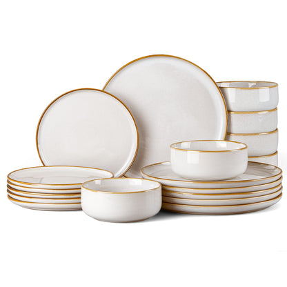 Homikit Geschirrset 18-tlg Steinzeug für 6 Personen – Jupiter Beige: Beige Steinzeug-Teller und -Schalen zum Servieren von Speisen für sechs.