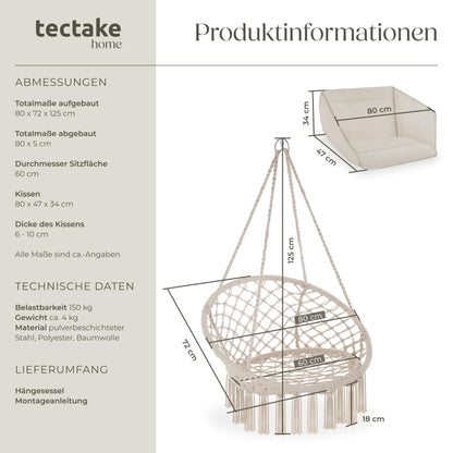 tectake Hängesessel mit Gestell, Indoor und Outdoor, beige