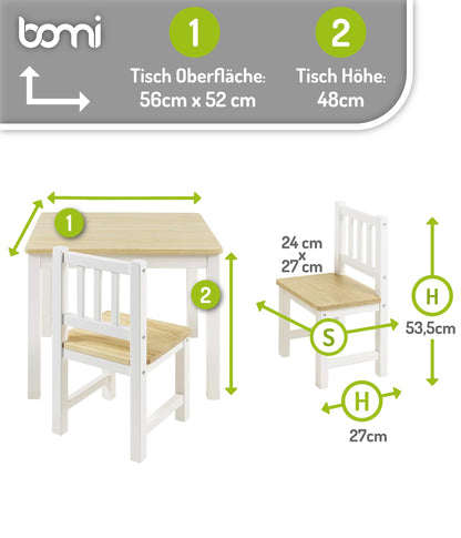 Bomi Amy Kindertisch mit 2 Stühlen Set Holz Weiss Natur