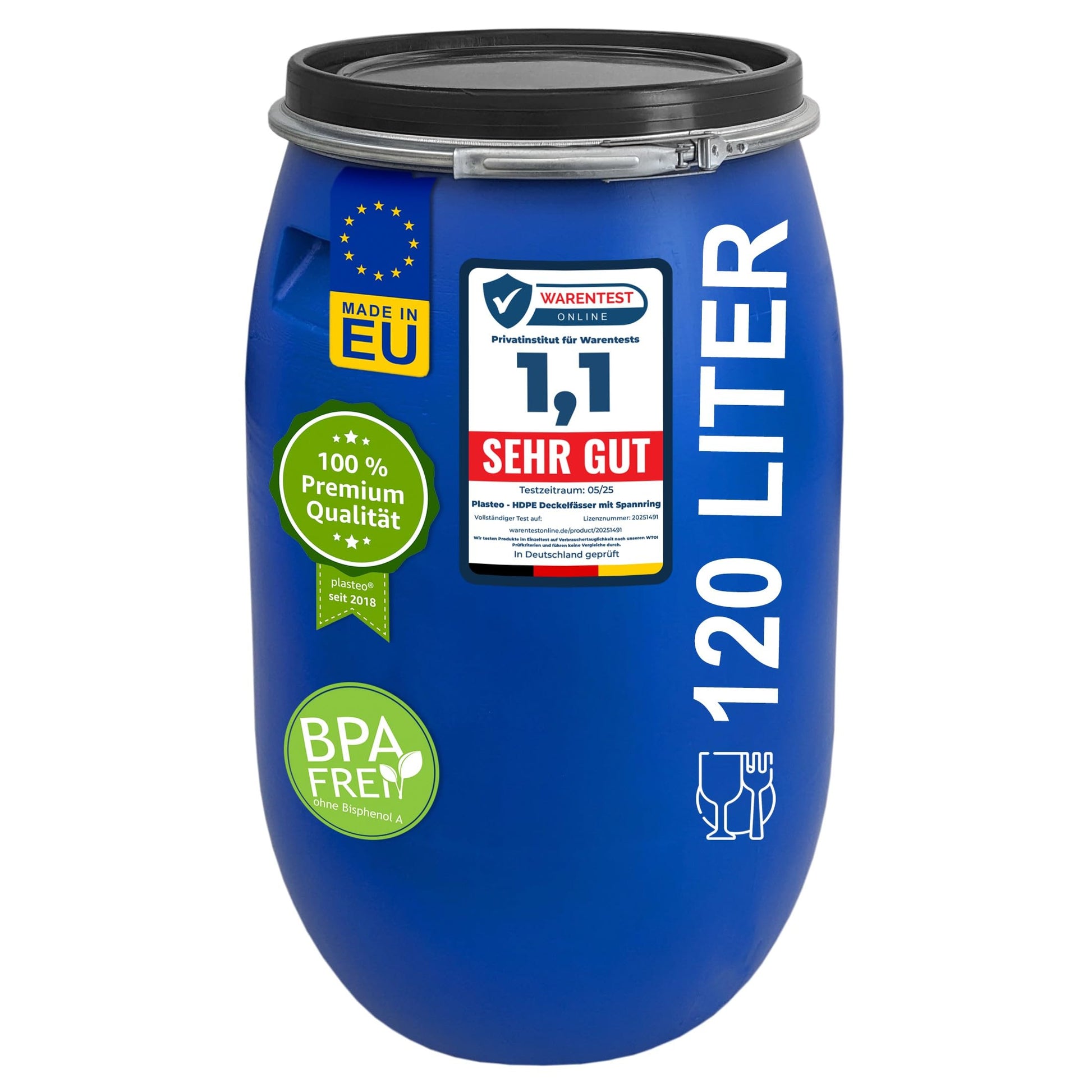 plasteo Weithalsfass 120 Liter mit Deckel und Spannring, Blau, aus lebensmittelechtem HDPE-Kunststoff