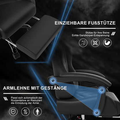 Devoko Ergonomischer Gaming Stuhl mit Massage & Fussstütze - Schwarz