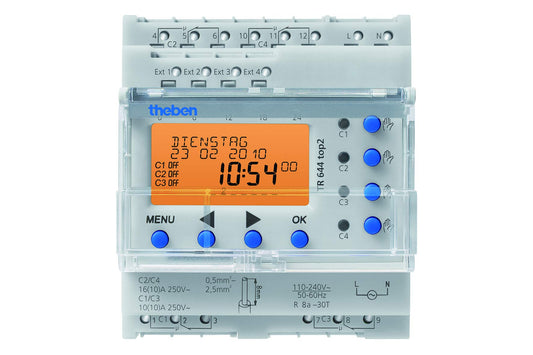 Theben TR644 top2 Digitale 4-Kanal Astro Zeitschaltuhr. Rechteckiges, hellgraues DIN-Schienenmodul mit Display. Steuert vier Stromkreise basierend auf astronomischen Daten.