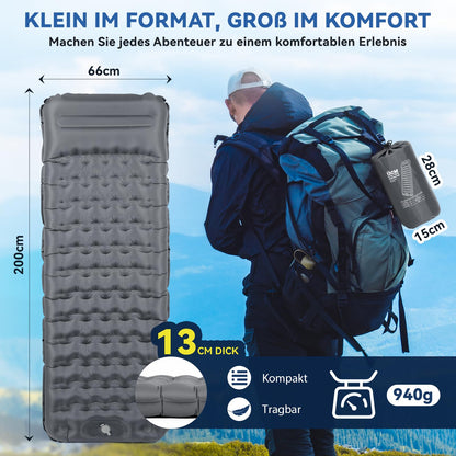 HIKENTURE Camping Isomatte aufblasbar 13 cm mit Kissen und Fusspumpe