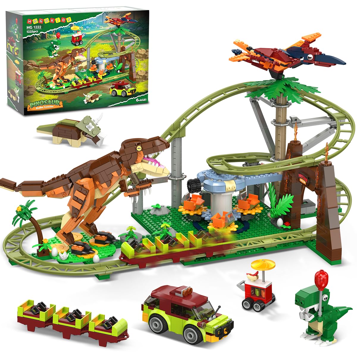HOGOKIDS Dinosaurier Achterbahn Bausteine Set mit 1222 Teilen und vier Dinosauriern