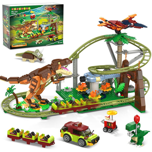 HOGOKIDS Dinosaurier Achterbahn Bausteine Set mit 1222 Teilen und vier Dinosauriern