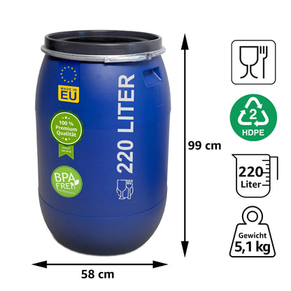 plasteo Weithalsfass 220 Liter mit Spannring - Lebensmittelecht Blau