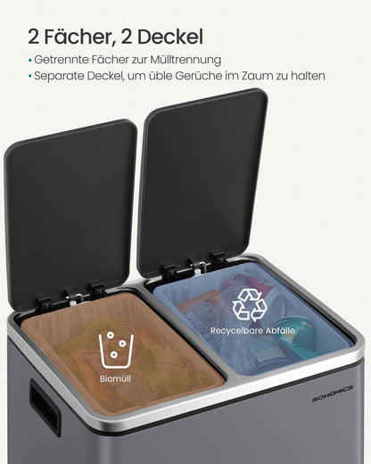 SONGMICS Mülleimer Küche 2 x 15 Liter Mülltrennsystem Softclose-Deckel