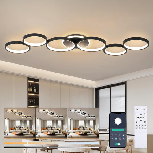 Liyabber LED Deckenleuchte dimmbar 6-Ring schwarz mit Fernbedienung, Ring-Design aus Aluminium