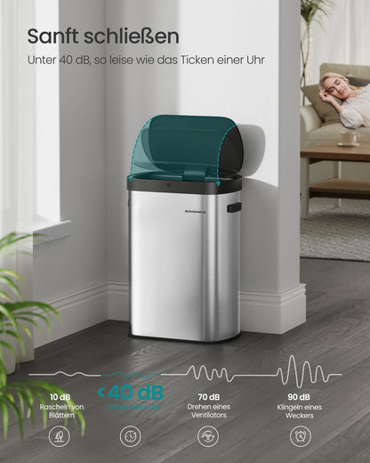 SONGMICS Sensor-Mülleimer, 50 L, Softclose, Stahl, silber-schwarz
