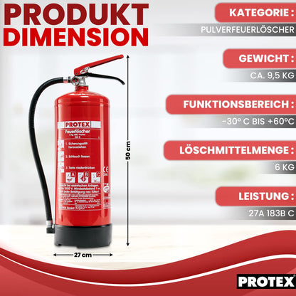Protex Pulverfeuerlöscher 6 kg ABC Brandklassen mit Halterung