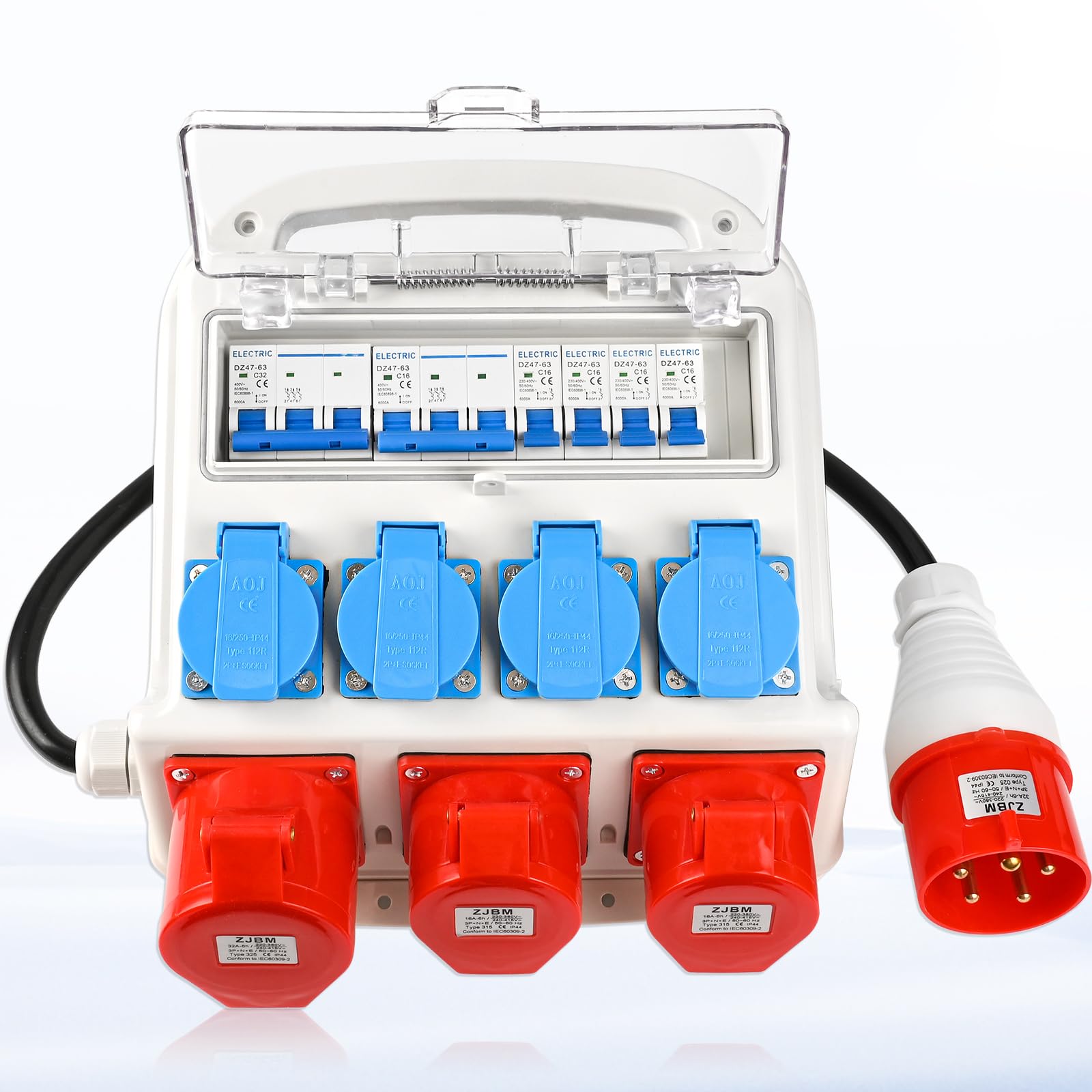Warmfay Baustromverteiler – 4x Schuko, 2x CEE 16A, 1x CEE 32A IP67. Gelb-schwarzes, rechteckiges Gehäuse. Zur sicheren Stromverteilung auf Baustellen mit genannten Anschlüssen.