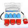 Warmfay Baustromverteiler – 4x Schuko, 2x CEE 16A, 1x CEE 32A IP67. Gelb-schwarzes, rechteckiges Gehäuse. Zur sicheren Stromverteilung auf Baustellen mit genannten Anschlüssen.