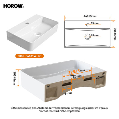 HOROW Rechteck Hängewaschbecken Keramik - Weiss 46x30cm ohne Überlauf