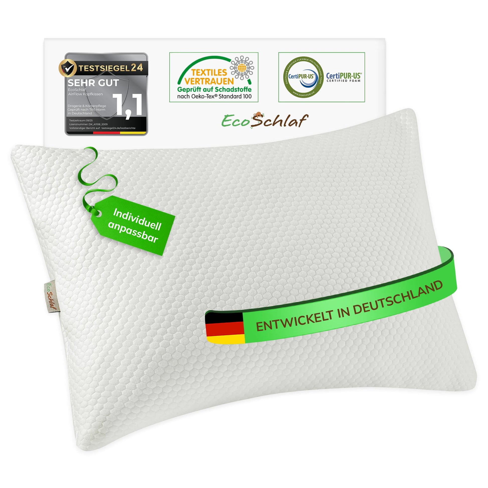 EcoSchlaf AirFlow Kopfkissen – ergonomisches Nackenkissen aus Memory Foam mit Bambusbezug